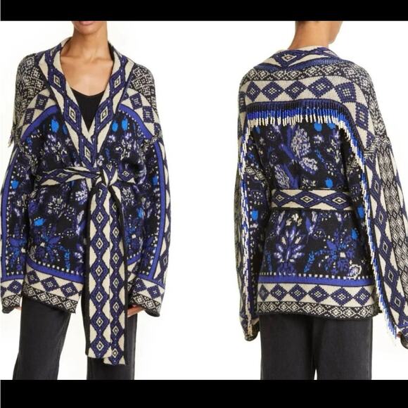 FARM Rio Macaw Forest Beaded Fringe Tie-Belt Cardigan Sweater M - Picture 1 of 10